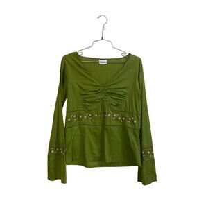 Y2K Green Cotton Long Sleeve Top with Floral Embroidery